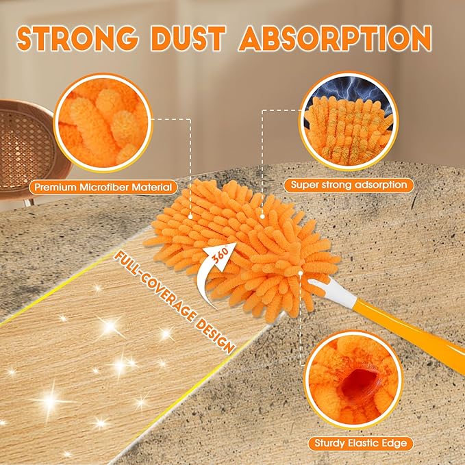 16Pcs Reusable Duster Refill Compatible with Swiffer Hand Duster +3FT Extended Handle +1 Handle, 360 Heavy Duty Duster Refills for Cleaning, Office, Ceiling Fan