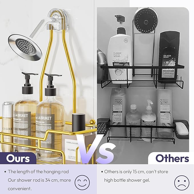 SWTYMIKI Bathroom Shower Caddy Hanging - 3 Tier Rustproof Over Shower Head Organizer, No Drilling Bathroom Shelf with 16 Hooks & Soap Holder, Anti-Swing Rack for Shampoo,Sponge,Towel, Gold