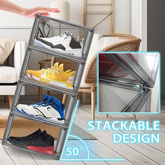 2 Pack Acrylic Shoe Box for Closet Clear Stackable Size 12 Shoe Storage Bins with Magnetic Lids, Stackable Boot Handbag Organizer Containers for Shoes, Figure, Collectible, Purse