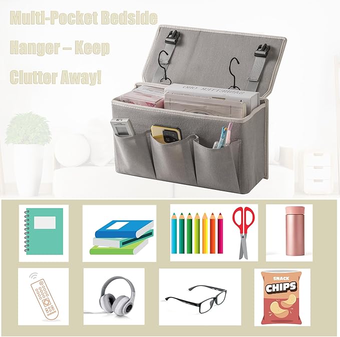 Bedside Caddy / Bedside Storage Organizer Hanging Bag with Three Options,Suitable for home beds, sofas, and dormitory beds—can hold magazines, books, phones, iPads, remote controls. (2-Pack Gray)