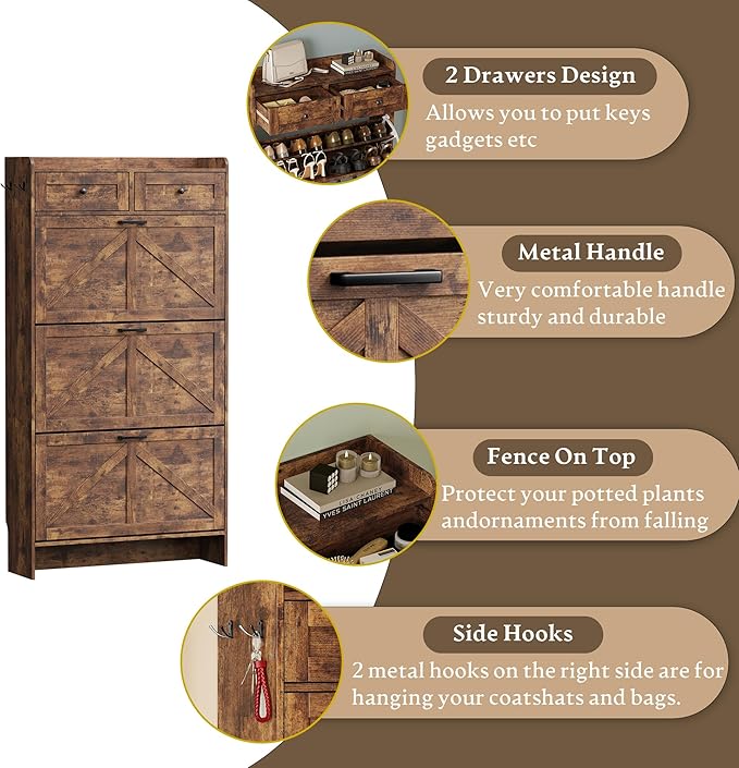 BORNOON Shoe Storage Cabinet for Entryway, Farmhouse Narrow Shoe Cabinet with 3 Flip Drawers & 2 Top Drawers, Adjustable Shelves & Hooks, Freestanding Hidden Rack Organizer for Hallway, Foyer