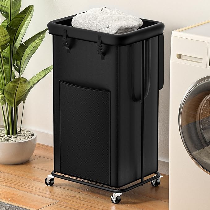 100L Large Laundry Hampers with Lid, Oxford Fabric Laundry Hampers Clothes Hampers, Metal Frame and Removable Bag Design with Wheels, Suitable for Bedroom, Bathroom (100L Black&Lid, 100L)