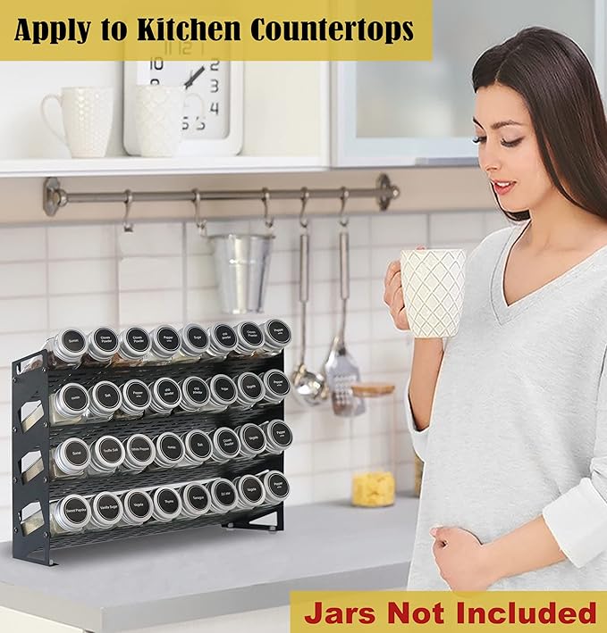 4 Tier Spice Rack Organizer with 32 Square Spice Jars and 160 Spice Labels Set for Kitchen Cabinet Countertop Pantry or Wall Mount, Matte Black
