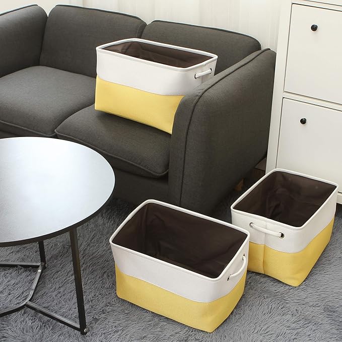 Sea Team 3-Pack Large Storage Basket Set, Trunk Organizer, Clothes Toys Bin, 15 x 10 x 10 Inches, Big Rectangular Canvas Fabric Collapsible Shelf Box with Handles for Kids Room (Yellow/White)