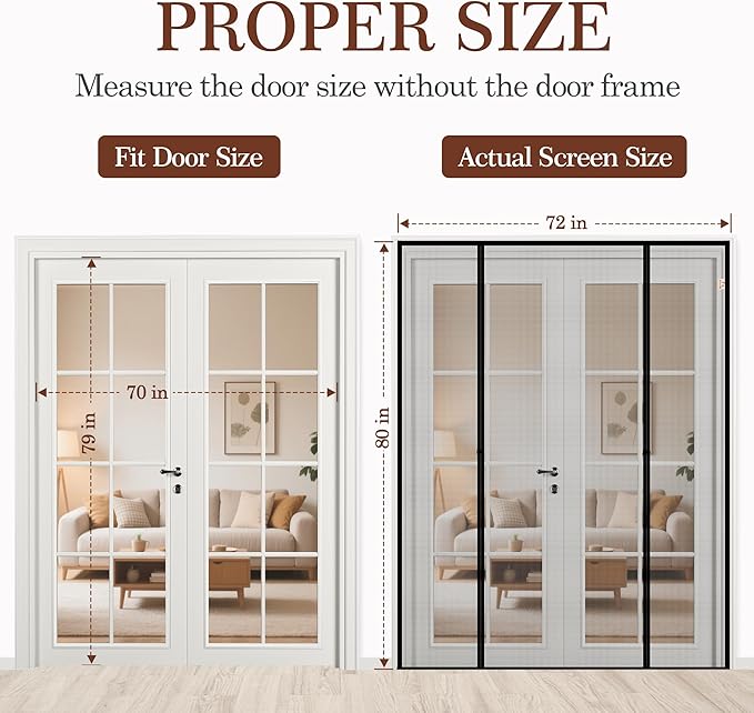Yotache Magnetic Screen Door Fits 70x79 Inch Doors, 72"x80" Reinforced Mesh - Double-Sided Opening Screen with Super-Strong Magnets for Patio, Sliding, French, Front & Back Doors