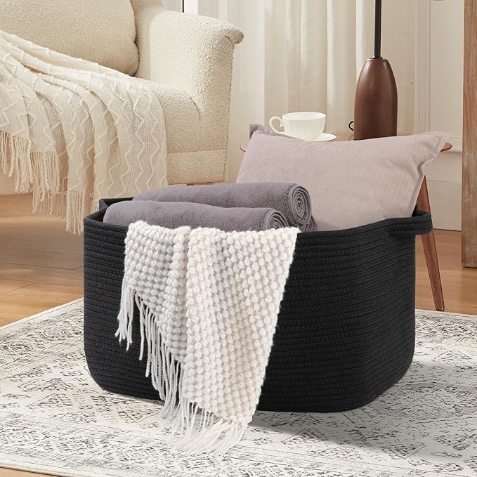 70L Large Blanket Basket, 21.6" x 16.9" x 11.8" Woven Storage Basket for Living Room, Nursery Blanket Storage for Toys, Towels, Dirty Clothes (Black)