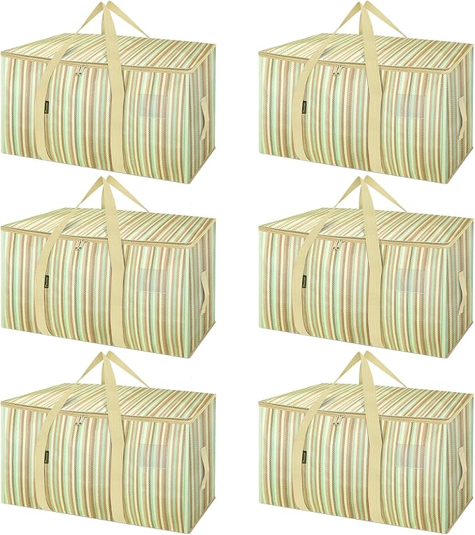 BALEINE 6-Pack Oversized Moving Bags with Reinforced Handles, Heavy-Duty Storage Tote for Clothes, Moving Supplies (Color Strip, 6-Pack)