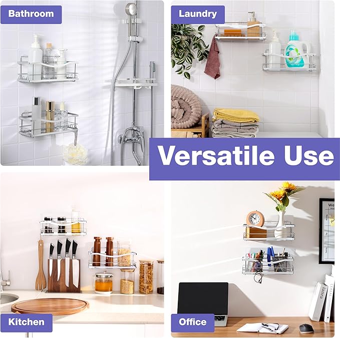 KINCMAX Iron Shower Caddies - Self Adhesive Bathroom Shelves for Showers - Wall Organizer Shampoo Holder Shelf - Peel and Stick On Caddy Bath Tub Rack - Pack of 2 Holders - Silver