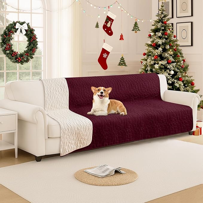 Waterproof Dog Blanket, Non-Slip Soft Pet Bed Cover, Couch Cover for Dogs Washable, Protects Sofa, Furniture, Crate, Car, Tear Resistant Leakproof Pet Blanket Christmas (82x82 Inch, Burgundy)