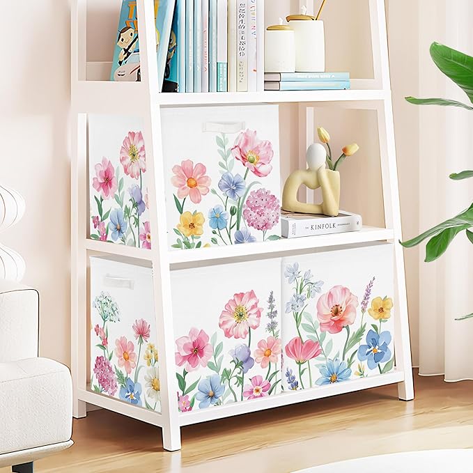 Clastyle Flowers Storage Cube Organizer Set Handle Closet Clothes Cube with Metal Frame Foldable Parents Organizer Storage Basket for Book Toy,Watercolour,11.8x11.8x11.8 in