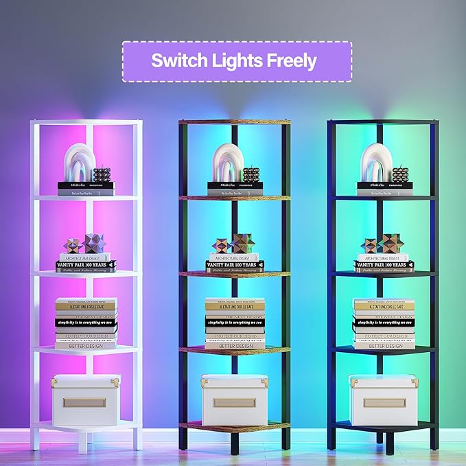 TUTOTAK Corner Shelf with LED Light, 5-Tier Corner Bookshelf for Small Space, Narrow Display Corner Shelf Stand with Storage Rack, for Living Room, Bedroom, Rustic Brown BS08BB005L