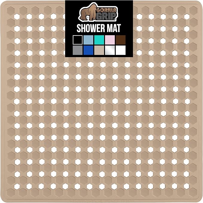 GORILLA GRIP Patented Square Shower Stall Mat, Small Bathtub Floor Mats for Stand Up Showers, Suction Cups and Drainage Holes, Machine Wash, Soft on Feet, Bathroom Accessories 21x21 Inch, Beige Opaque