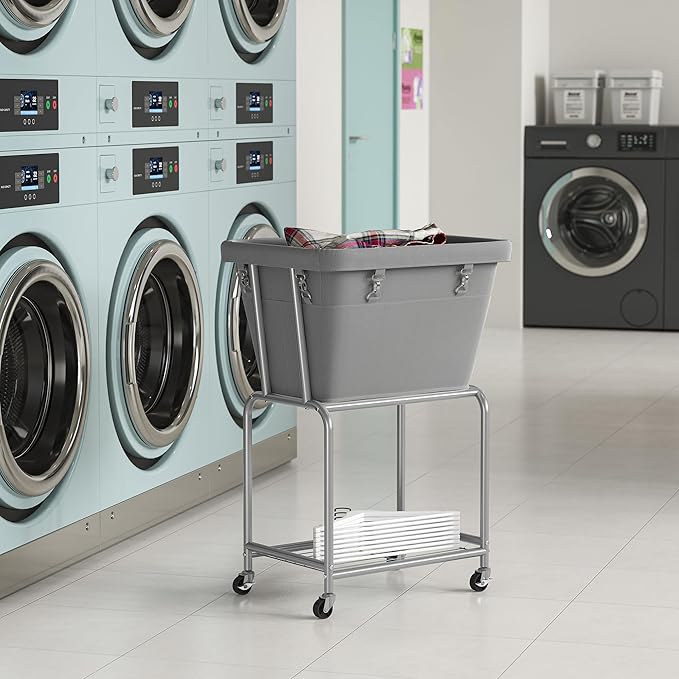ELYKEN Laundry Cart with Wheels, Rolling Laundry Hamper with Removable Bag and Shelf, Metal Frame Laundry Basket with 4 Casters and 2 Brakes, Ideal for Bedroom, Bathroom, Laundry Room, Gray