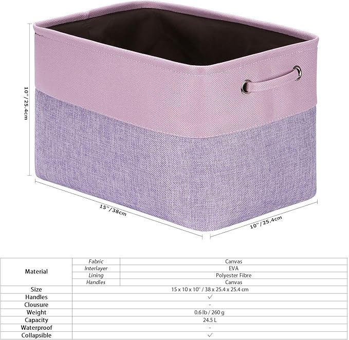 Sea Team 3-Pack Large Storage Basket Set, Trunk Organizer, Clothes Toys Bin, 15 x 10 x 10 Inches, Big Rectangular Canvas Fabric Collapsible Shelf Box with Handles for Kids Room (Lavender/Orchid)