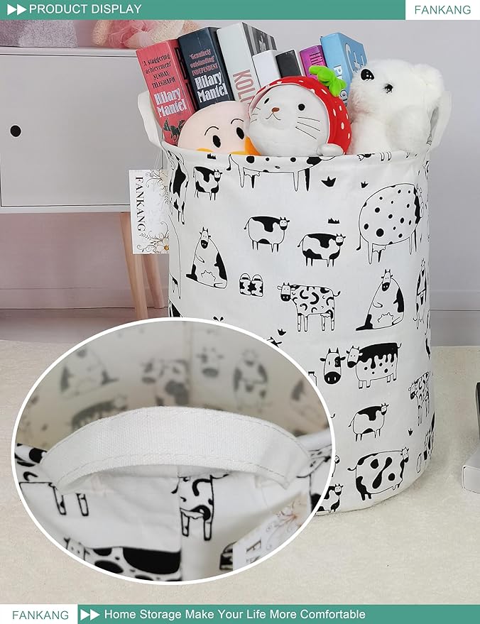 FANKANG Storage Basket, Nursery Hamper Canvas Laundry Basket Foldable with Waterproof PE Coating Large Storage Baskets for Kids Boys and Girls, Office, Bedroom, Clothes,Toys（Cows）