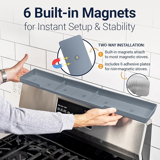 Silicone Magnetic Stove Shelf For Back Of Stove - Over The Stove Shelf, Magnetic Stove Top Shelf, Over The Stove Spice Rack, Oven Shelf For Top Of Stove, Heat Resistant, Includes 6 Extra Plates, Gray