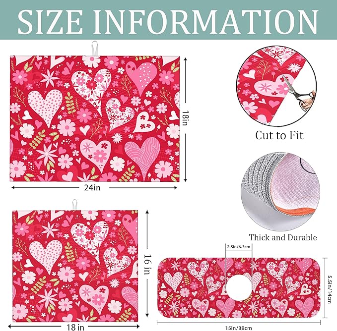Set of 3 Floral Heart Dish Drying Mat & Kitchen Sink Splash Guard Faucet Mat For Kitchen Counter Absorbent Microfiber Dishes Pad Dish Drainer Rack Mats Fast Dry Kitchen Accessories