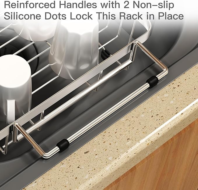 Small Expandable Over The Sink Dish Drainer Drying Rack In Stainless Steel Metal For Kitchen, Counter Space Saving Compact Above Plate Dryer Strainer, Adjustable Hanging Inside Sink Wire Drain Holder