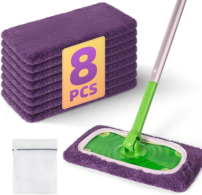 8 Pack Reusable Mop Pads Compatible with Swiffer Sweeper Mop, Dry and Wet Pads Refill, Microfiber Pads, Washable Sweeping Cloths for Surface/Hardwood Floor Cleaning (Purple)