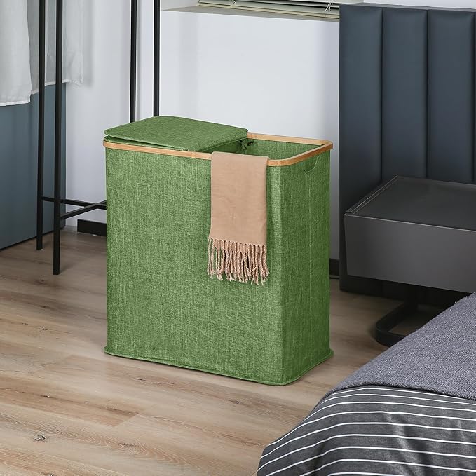 efluky Laundry Hamper with Lid, Double Laundry Hamper with 2 Removable Bags, 2 Section Laundry Basket with Bamboo Handles for Bathroom, Bedroom & Laundry Room,140L Green