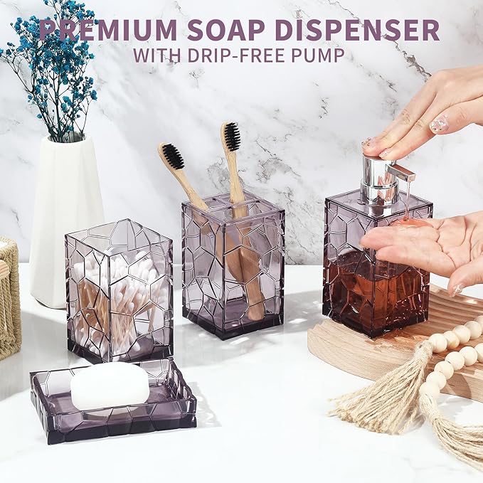 Lavender Purple Bathroom Accessories Set with Toothbrush Holder, Soap Dispenser, Tumbler, Soap Dish, Purple Bathroom Decor,Acrylic (Purple-4pcs)