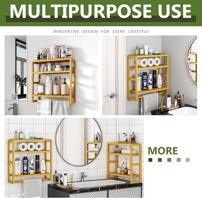 Over The Toilet Storage Bathroom Shelves Wall Mounted 3 Tier Space Saver Corner Shelf Organizer Bamboo Towel Rack Toilet Paper Cabinet with Hanging Rod Yellow