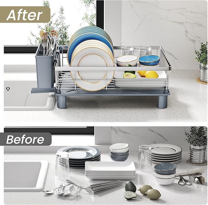 SNTD Dish Drying Rack - Small Dish Rack for Kitchen Counter, Stainless Steel Dish Drainer with Utensil Holder and Drainboard, 11" W x 15" L (Silver)