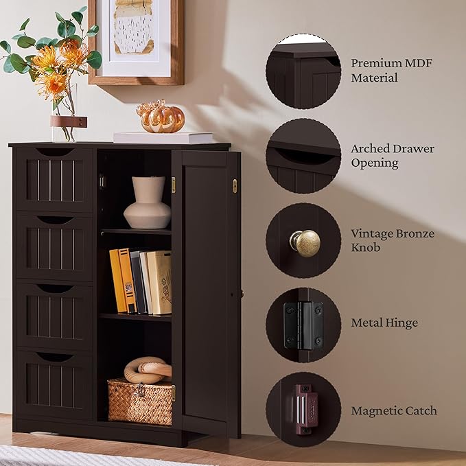 Yaheetech Wooden Bathroom Floor Cabinet, Side Storage Organizer Cabinet with 4 Drawers and 1 Cupboard, Freestanding Entryway Storage Unit Console Table, Home Decor Furniture, Brown