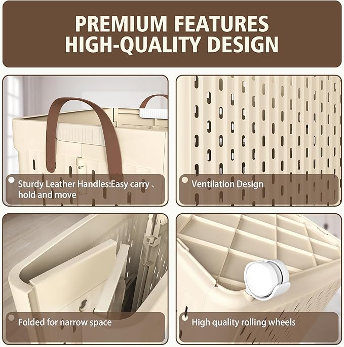 UAK 67L Plastic Laundry Basket with Wheels & Handle, Heavy Duty Foldable Laundry Hamper – Easy Clean Waterproof Rolling Organizer for Bathroom & Laundry Room, Ivory