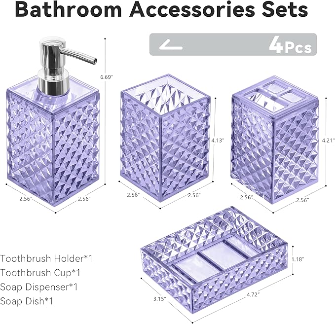 Bathroom Accessory Set, 4 PCS Light Purple Bathroom Accessories Set, Soap Dispenser and Toothbrush Holder Set, Soap Dish and Mouthwash Cup, Boho Bathroom Decor, Bathroom Sets Accessories