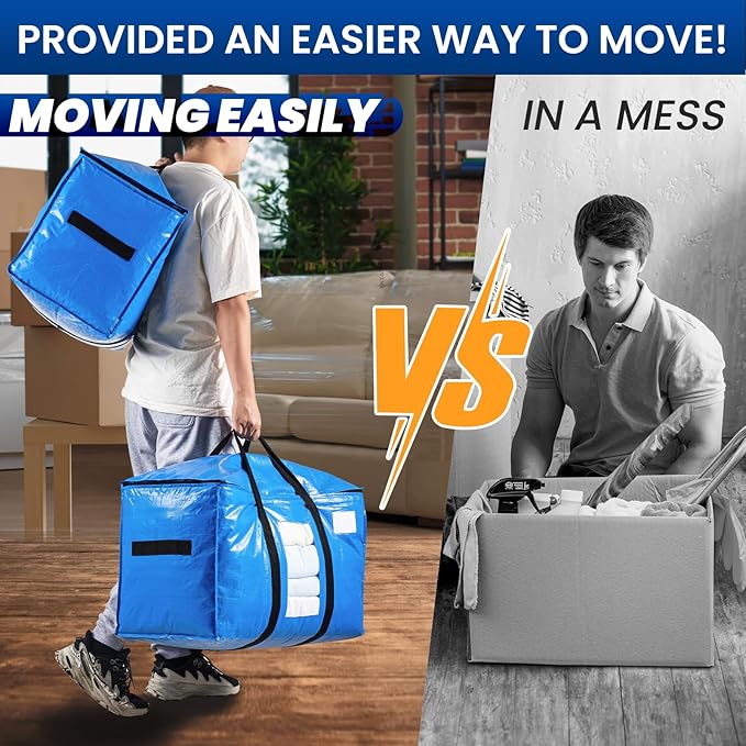 TAILI Extra Large Moving Bags, 12 Pack Blue Heavy Duty Totes for Storage with Visible Window, Wrap Around Handles, Storage Bags for Space Saving, Alternative to Moving Boxes