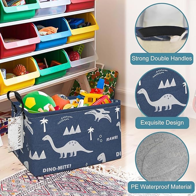 FANKANG Storage Bins, Nursery Hamper Canvas Laundry Basket Foldable with Waterproof PE Coating Large Storage Baskets for Kids Boys and Girls, Office, Bedroom, Clothes,Toys(Rec-Blue dinosaur）