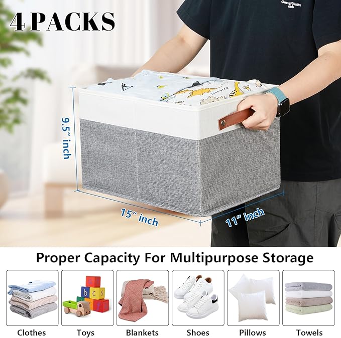 Bidtakay Storage Bins 4-Pack Collapsible Fabric Storage Baskets for Organizing 15x11x9.5 Inches White/Light Grey