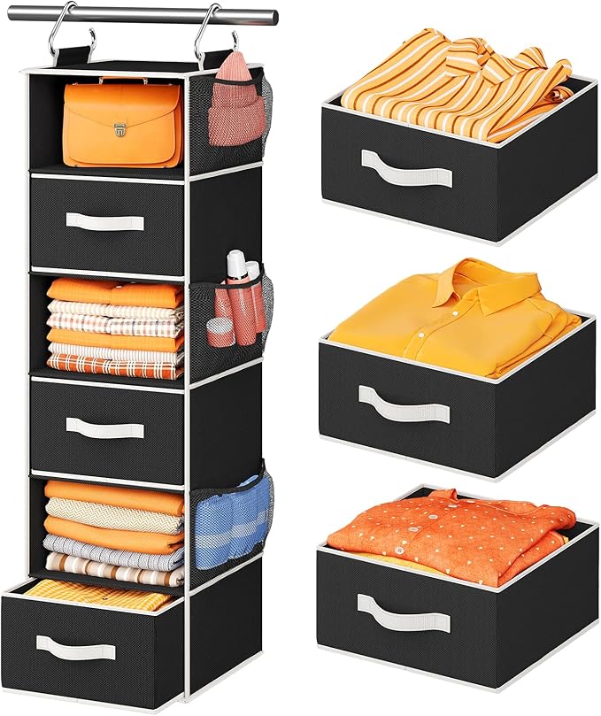 Pipishell Hanging Closet Organizer 6-Shelf, Hanging Shelves for Closet with 3 Removable Drawers & Side Pockets for Bedroom, Garment Rack and Wardrobe Organization, 12' x 12' x 43.3', Black