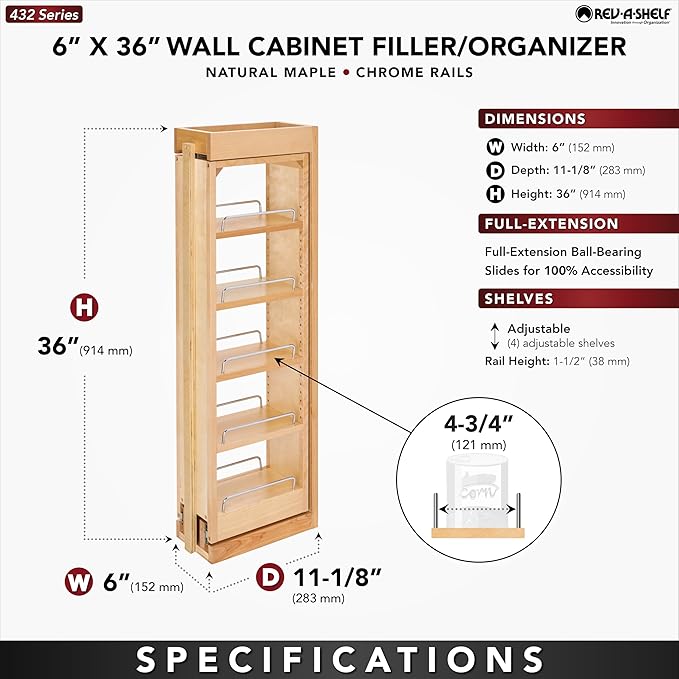 Rev-A-Shelf 6" W x 36" H Pull Out Quad Shelf Organizer for Wall & Base Kitchen Cabinets, Full Extension Filler Spice Rack, Adjustable, Wood, 432-WF36-6C
