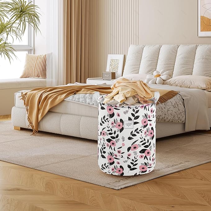 Mziart Cute Laundry Basket, Large Floral Laundry Hamper for Girls Kids Toys Collapsible Clothes Organizer Waterproof Foldable Baby Hamper for Nursery Dorm Fabric Storage Basket Bin with Handles (Pink)