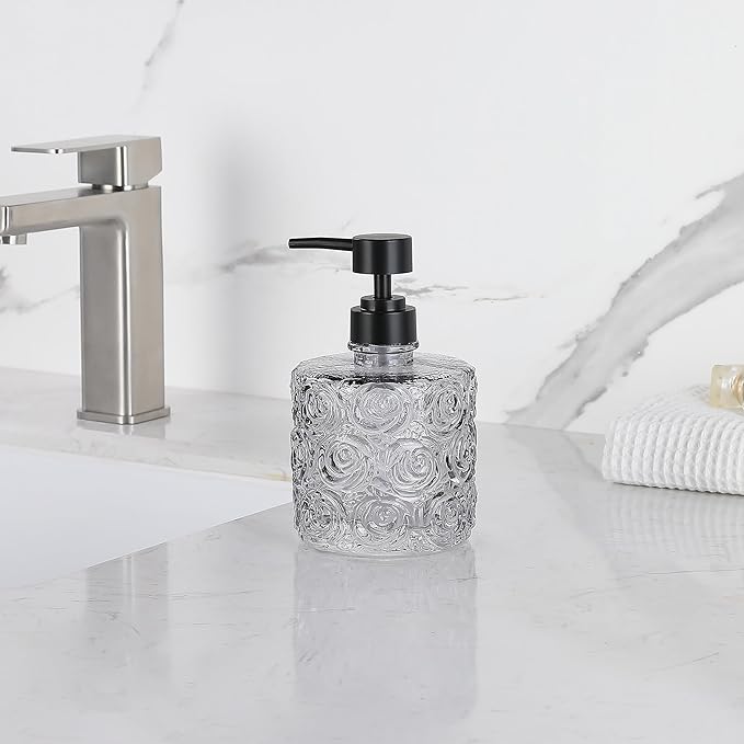 Marcella Glass Soap Dispenser with Soap Pump, Refillable 14 Ounce Capacity, Floral Design Rose Patterns, Heavy Weight Thick Glass for Bathroom, Premium Kitchen Soap Dispenser Gray