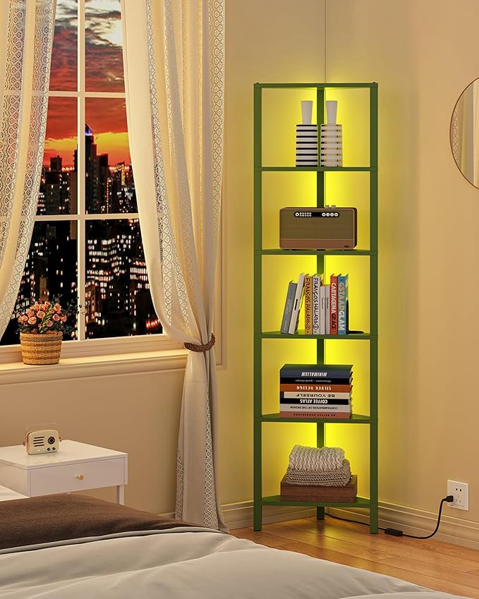 TUTOTAK Corner Shelf with LED Light, 6-Tier Corner Bookshelf for Small Space, Narrow Display Corner Shelf Stand with Storage Rack, for Living Room, Bedroom, Olive Green BS05BOG006L