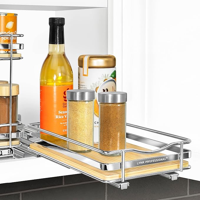 LYNK PROFESSIONAL® Élite™ Pull Out Spice Rack Organizer for Inside Kitchen Cabinets - 6-3/8 inch Wide - Slide Out Drawer – Wood/Chrome Sliding Spice Organization for cabinet - Spice Racks - 1 Tier