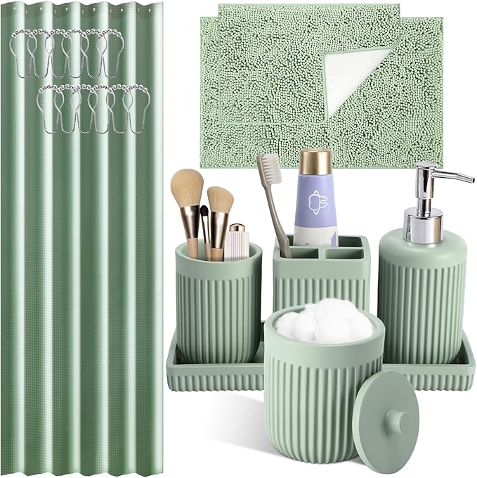 Light Green Bathroom Sets with Shower Curtain and Rugs, 8-Piece Resin Bathroom Accessories Sets Complete, Soap Dispenser, Toothbrush Holder, Tumbler, Tray & Apothecary Jars Bathroom Essentials