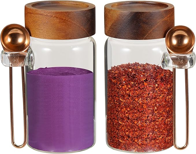 Patoper Glass Coffee Jars Spice Jar Round Storage Canister with Wooden Lid Clear Glass Food Jar for Pantry Sugar Tea Coffee Bean Spice Nuts Cookies Bath Salts (2×250ml(8.4oz) with scoop)