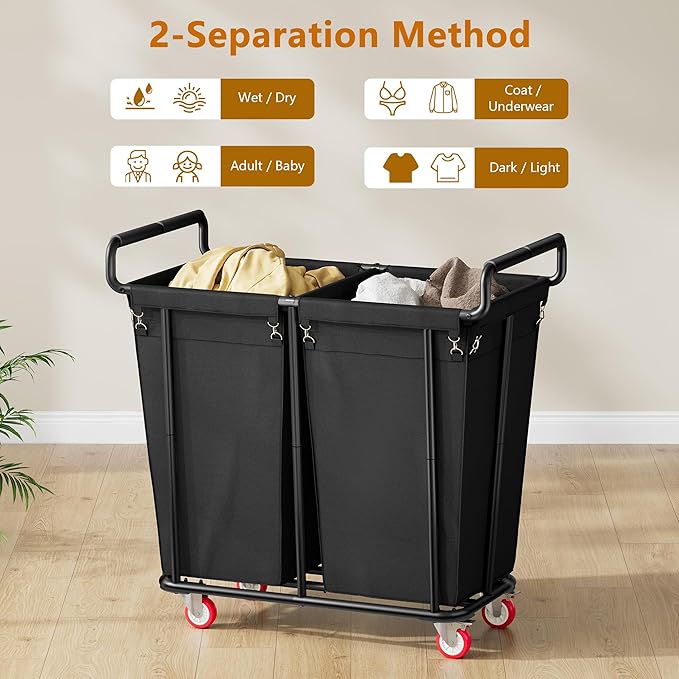 Large laundry hamper with Wheels, 2 Bag 360L Big Rolling Laundry Basket Sorter Cart, Extra Large Laundry Clothes Hamper, Heavy Duty Laundry Basket Organizer for Laundry Room,Bathroom
