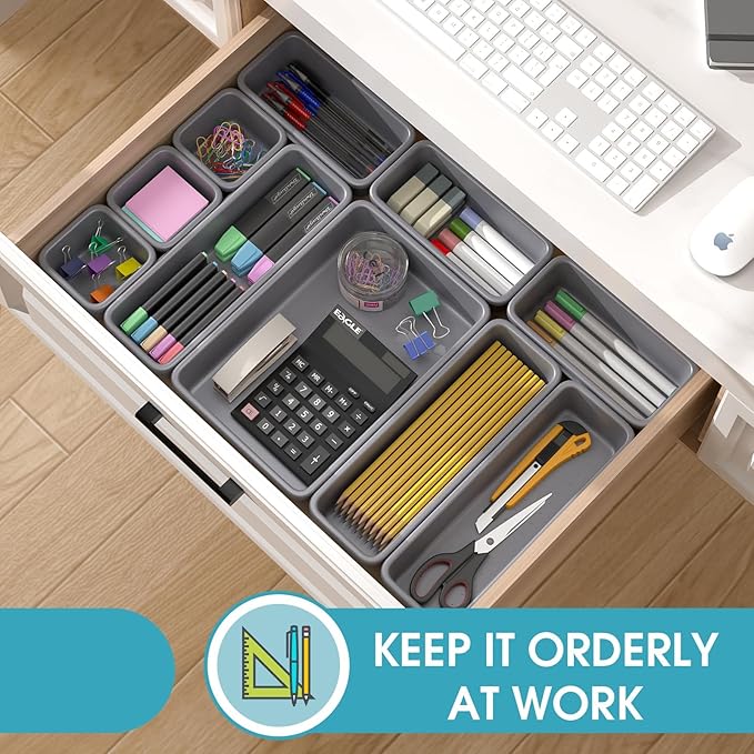33 PCS Drawer Organizer Set, 4 Size Makeup Drawer Divider Organizer With Non-Slip Pads, Interlocking Plastic Storage Bins for Office,Jewelry Vanity,Gadgets, Bathroom,Kitchen, Grey