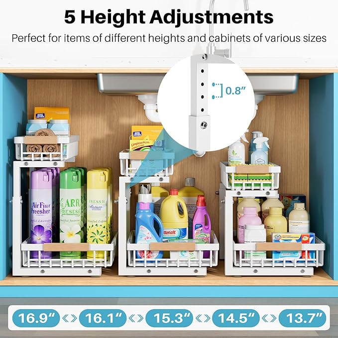 Jusdyrack 2 Packs Under Sink Organizer,Small Shelf for narrow spaces,2 Tiers Pull Out Under Cabinet Organizer,Adjustable Height,Slide Out Thickened Metal Under,White