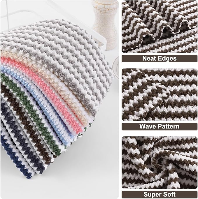 Homaxy 24 Pack Kitchen Dish Cloths, Ultra Soft and Absorbent Dish Towels, Reusable Fast Drying Microfiber Cleaning Cloth, Coral Velvet Wave Design No-lint, 10 x 10 inches, Brown