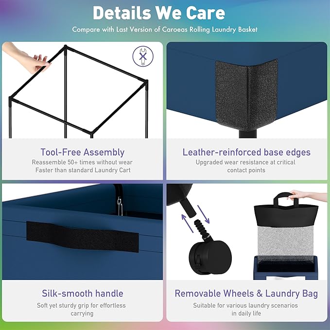Caroeas Next-Gen 105L Matel Frame Laundry Basket with wheels, Heavy Duty Tall Rolling Laundry Hamper with Removable Wash Bag, Collapsible Freestanding Clothes Hamper (105L,Navy Blue,2Pack)
