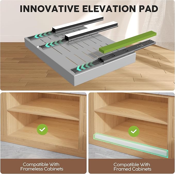2 Pack Pull Out Cabinet Organizers 21" Deep With Raising Pad for Framed Cabinets, Expandable Width (15.2"-26.3") Slide Out Drawers Upgrade 3 Slide Rails, Roll Out Shelves Adhesive, Silver