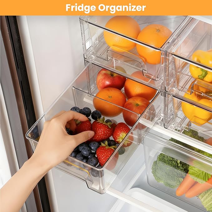 6 Pack Stackable Storage Drawers,Plastic Organizers Bins, Drawers Storage with Handles and Movable Dividers for Organization and Storage in Fridge,Bathroom, Pantry, Kitchen Cabinets, Under Sink
