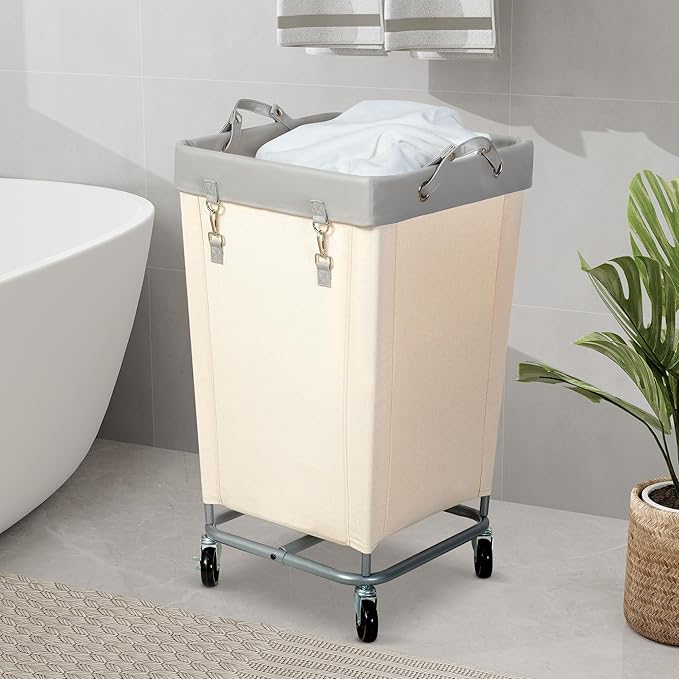 STO STO Laundry Hamper with Wheels, 160L Rolling Laundry Sorter Cart with Heavy Duty Steel Frame, Large Clothes Hamper with Handles for Bedroom, Bathroom, Laundry Room, Beige and Gray