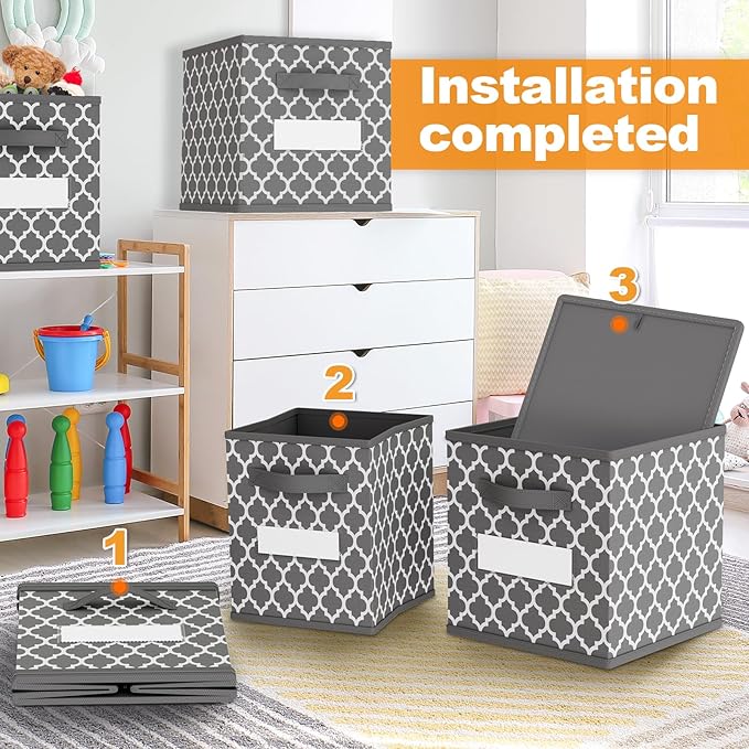 homyfort Cube Storage Organizer Bins - Fabric Storage Cubes Bin Foldable Baskets Square Box for Shelf, Nursery, Cabinet, Clothes, Toys, Set of 6 (Grey2, 13 inch-4Pack)